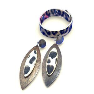 Earring and bracelet set, leopard print, leather, wood